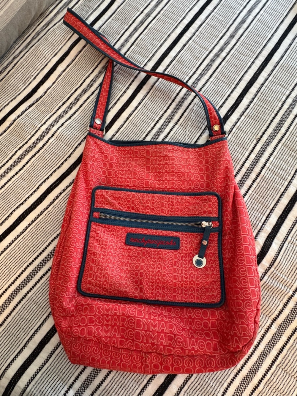 Marc by Marc Jacobs Red Logo Jacquard Shoulder Bag with Navy Trim